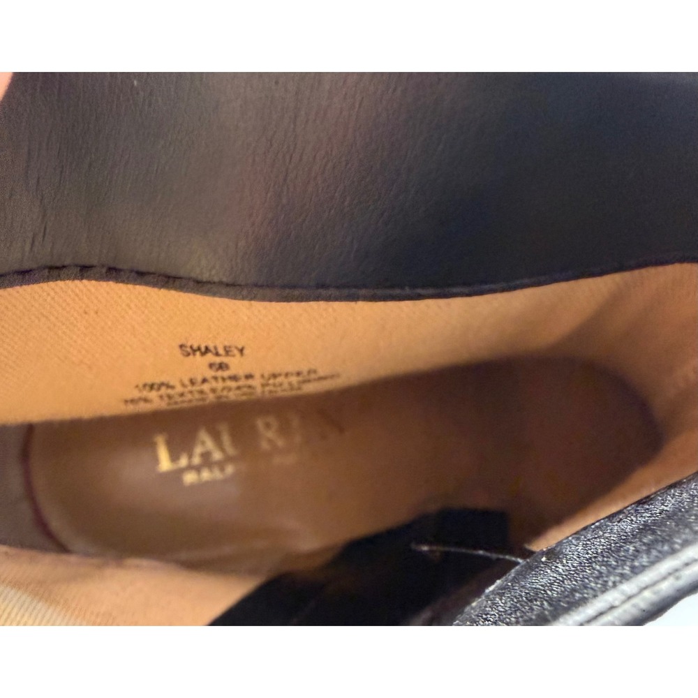 Lauren Ralph Lauren Shaley Black Leather Wedge Ankle Boots Gold Logo Size 6B - Picture 7 of 7